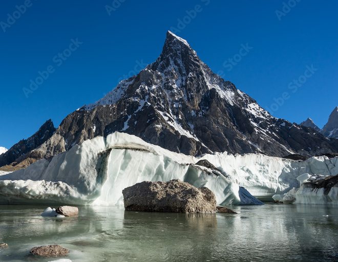 Mitre Peak towering over the confluence of Baltoro and Godwin-Austen Glaciers near Concordia."