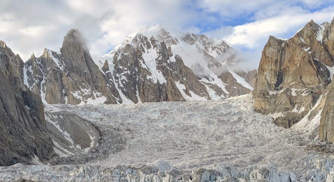 Sherpi Kangri (7,380 m) towering above the Kondus and Siachen glaciers in the Karakoram”